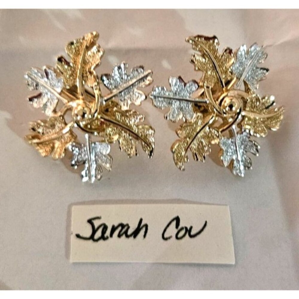 Vintage Earrings Sarah Coventry Silver‎ & Gold Leaf Clip-On 1"